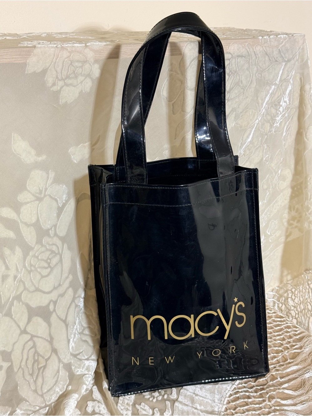 Macy's Black Patent Tote with Gold Logo